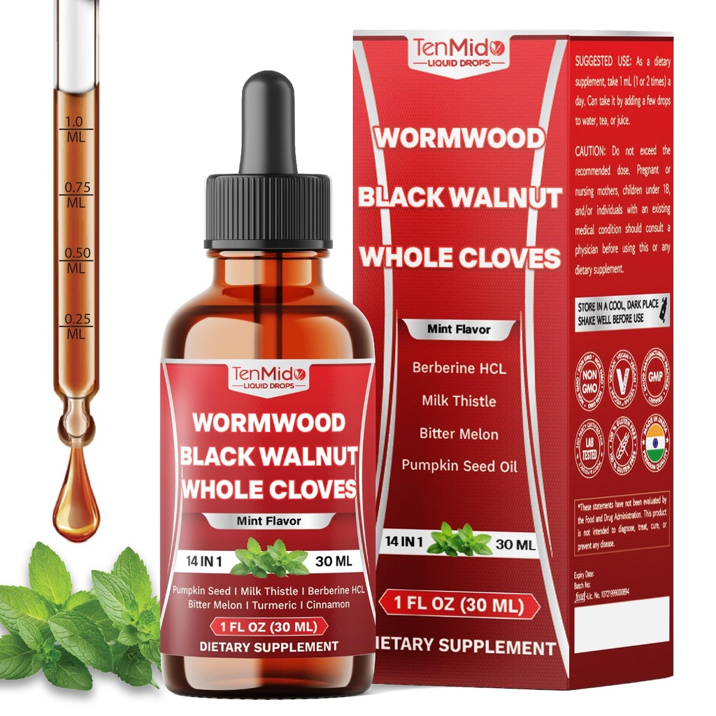 14in1 Wormwood Tincture - Wormwood Black Walnut Clove Extract with Pumpkin Seed Oil, Milk Thistle, Berberine HCl, Bitter Melon, Turmeric Curcumin, Ceylon Cinnamon & More - 30 Days Supply - 1 FL Oz