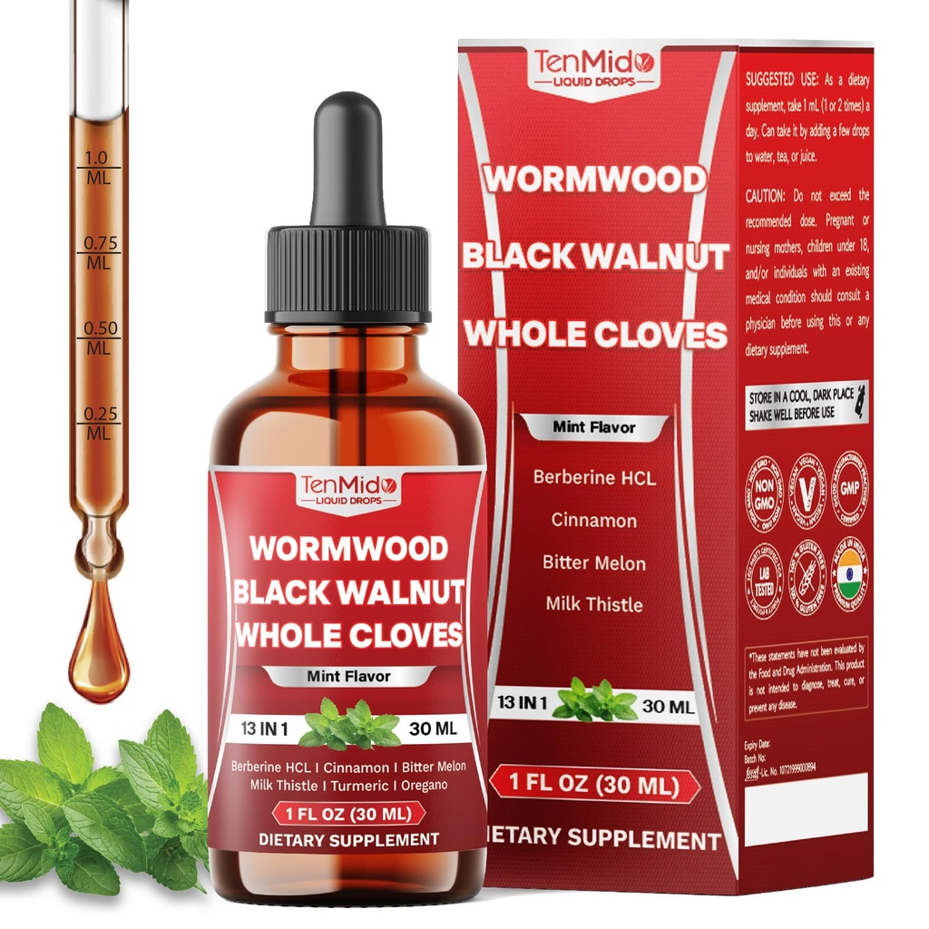 13in1 Wormwood Tincture - Wormwood Black Walnut Clove Extract with Berberine HCl, Ceylon Cinnamon, Bitter Melon, Milk Thistle, Turmeric & More - 30 Days Supply - 1 FL Oz
