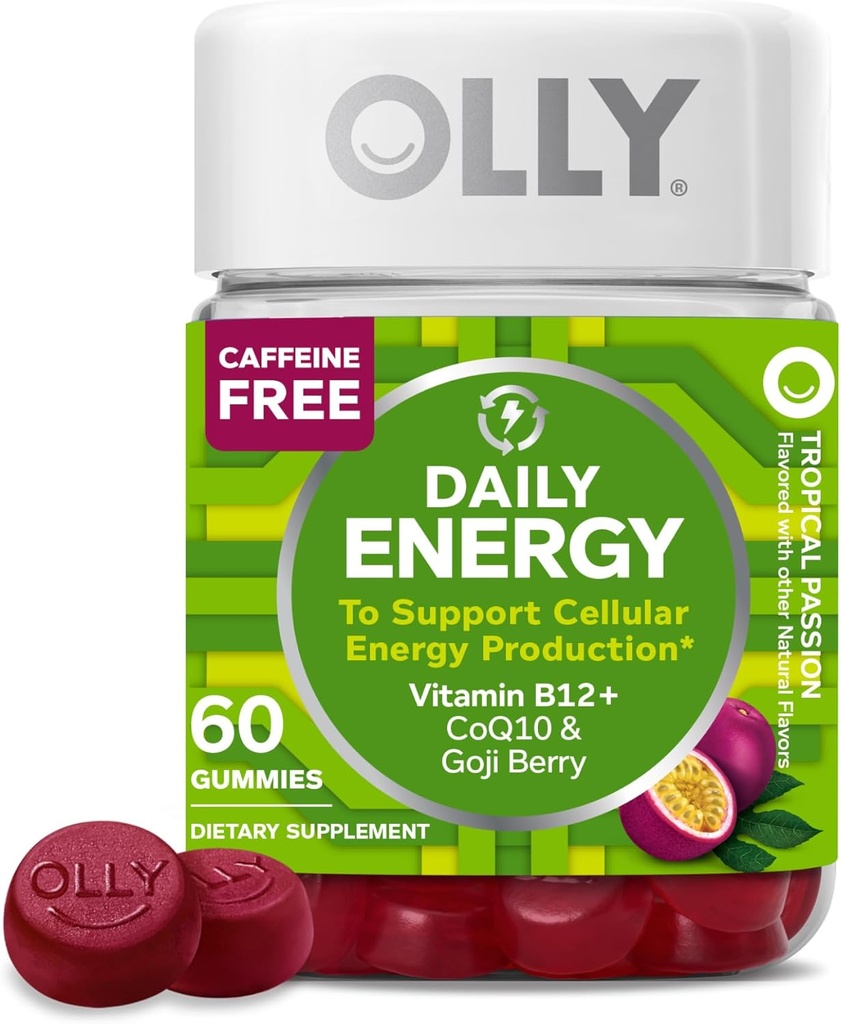 OLLY Daily Energy Gummy, Cafeïnevrij, Vitamine B12, CoQ10, Goji Berry, Adult Chewable Supplement, Tropische smaak - 60 Tellen
