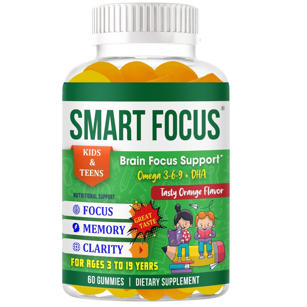 Smart Focus Gummies for Kids & Teens- Kids Focus and Attention Supplements- Teen Vitamins Omega 3 DHA Gummies- Children’s Focus Gummies, Children’s Vitamins- Brain Vitamins – 60ct