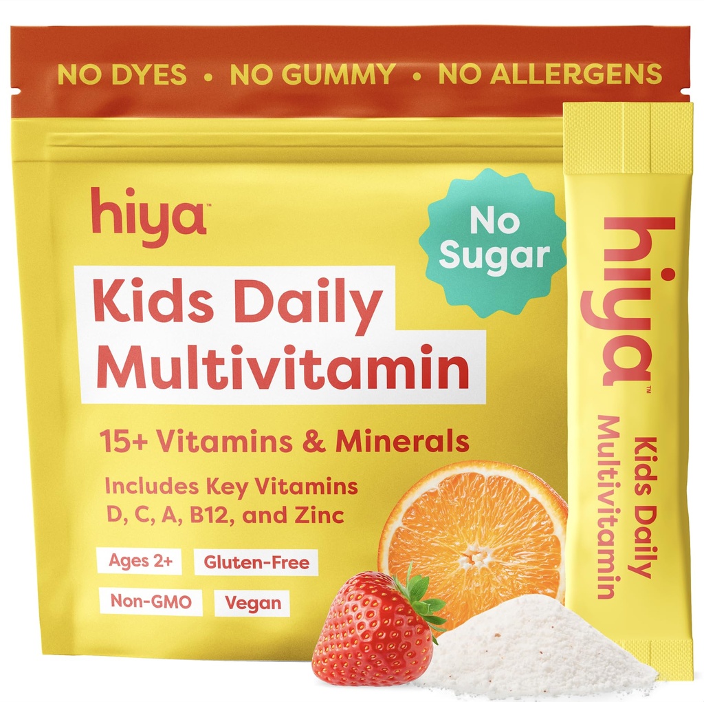 Hiya Kids Multivitamin – 15+ Essential Vitamins & Minerals with Fruits & Veggies for Ages 2+, Supports Growth, Development & Immune, 0g Sugar – 20 Stick Packs for Toddlers & Kids