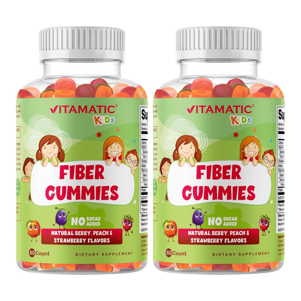 Vitamatic Kids Prebiotic Fiber Gummies – Extra Strength 4g Fiber – Zero Sugar Added – 60 Pectin-Based Gummies – Digestive Health & Regularity Support - 2 Pack
