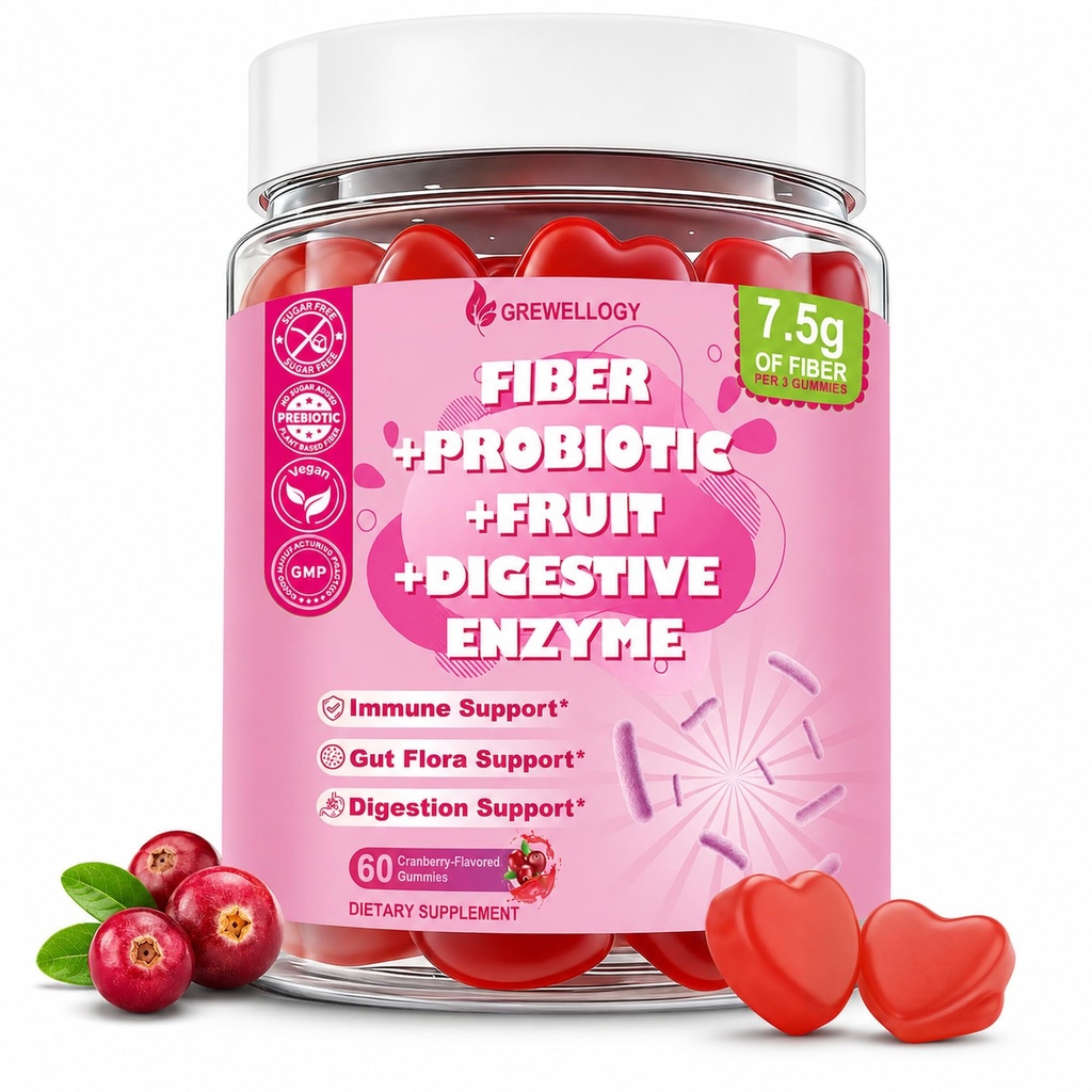 Fiber Gummies 7500mg, Probiotics & Digestive Enzymes, Sugar-Free, Vegan & Gluten-Free Supplement for Gut Health, Bloating Support & Regularity, High Potency Daily Adult (60 Count (Pack of 1))