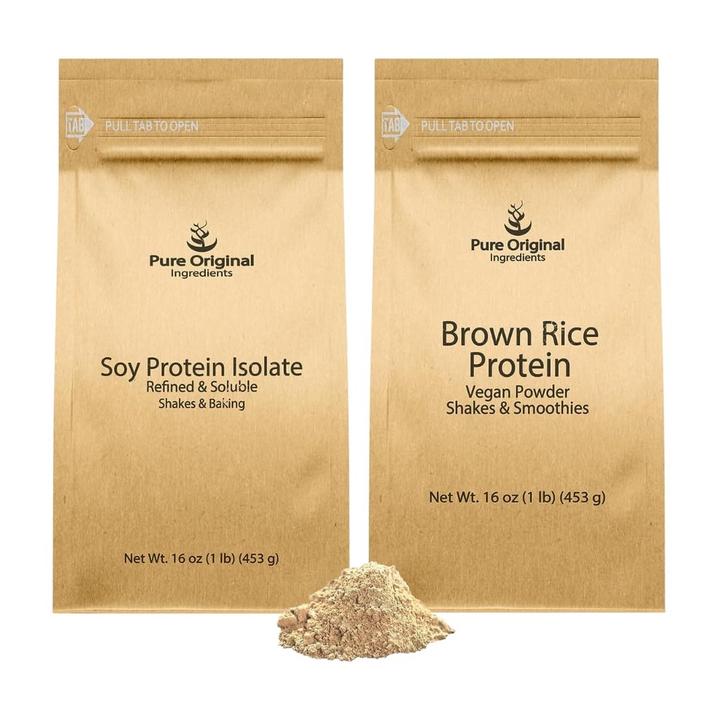 PURE ORIGINAL INGREDIENTS Brown Rice Protein Powder and Soy Protein Isolate Bundle, 1 lb Each, Vegan, No Fillers, Vegan
