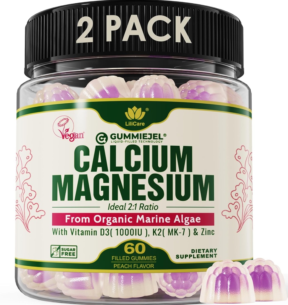 2 Pack - Calcio con base vegetal Gummies 600mg con vitamina D3 K2, Magnesio, Zinc for Bone Strength, Suplementos de Calcio Libre de Azúcar para Hombres Mujer (Certificado Vegan) de Alga Roja Sustentable
