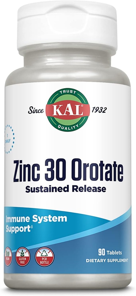 KAL Zinc Orotate 30mg, Libertação Mantida, Comprimidos de zinco quelatados, Suplemento de suporte imunológico, Síntese de proteínas, Metabolismo, Suporte Energético, Vegan, Gluten Free, Garantia de 60 dias, 90 Servings, 90 Tablets