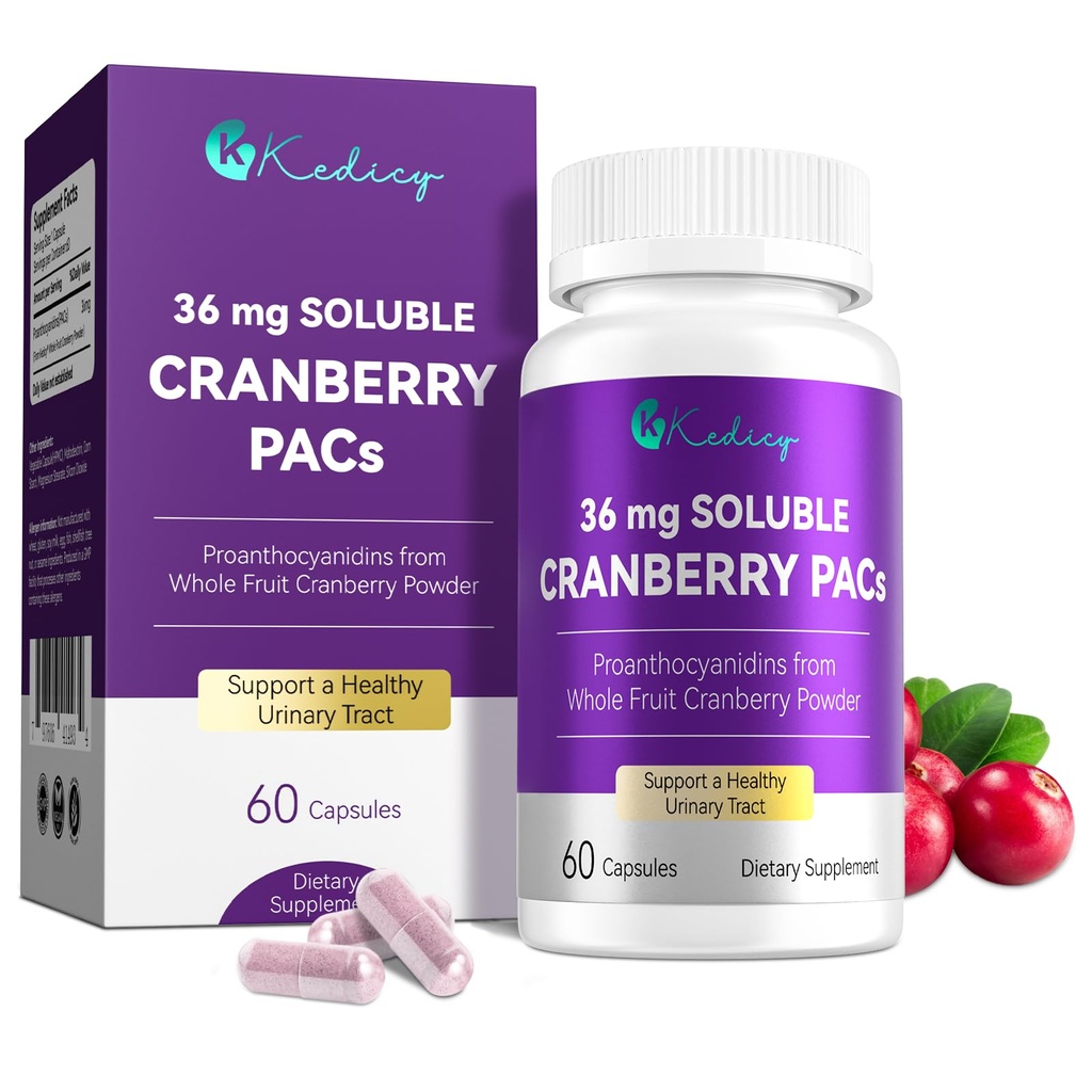 Cranberry Pills for Women with 36 mg Soluble PACs, Sourced from New England Whole Fruit Cranberries Powder, Cranberry Pills for UTI Defense & Urinary Tract Health, 60 Caps