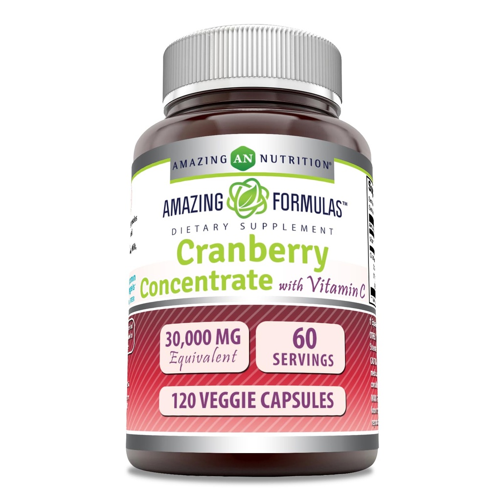 Amazing Formulas Cranberry Concentrate 30,000 mg with Vitamin C Supplement | Veggie Capsules | Super Strength | Non-GMO | Gluten Free | Made in USA (1 Pack, 120 Count)