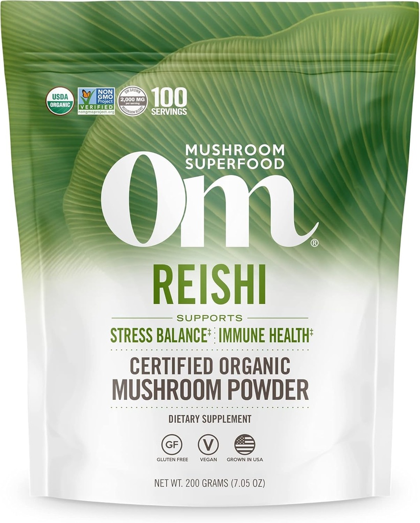Om Mushroom Superfood Reishi Orgánica Mushroom Powder, 100 Servings, Orgánica Adaptogen Powder para el alivio de estrés y la salud inmune