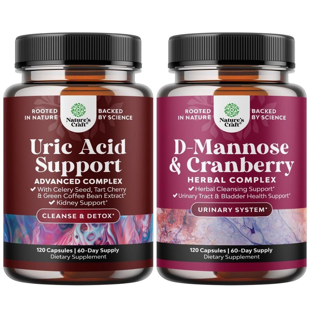 Bundle of Uric Acid Cleanse and Detox Capsules - Turmeric, Tart Cherry & Celery Seed Supplement for Men and Women and D Mannose with Cranberry Supplement - Potent D Mannose 1000mg Capsules for Kidney