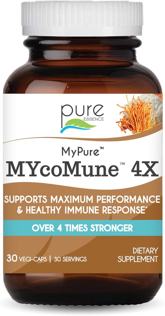 MYcoMune 4X Mashroom Organic Suplemen - Reishi, Mane Lion, Cordyceps, Chaga, Shiitake, Maitake for Immune System, Combat Stress, Build Energy by Pure Essence - 30 Caps