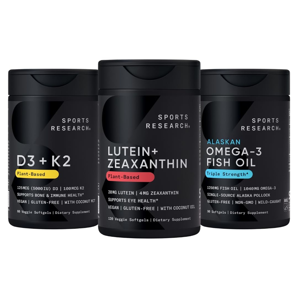 Sports Research® Eye Health Support Pack with Lutein 20mg + Zeaxanthin 4mg, Vitamin D3 5000iu + K2 100mcg, and Alaskan Omega-3 Fish Oil 1250mg - Non-GMO Tested · Gluten & Soy Free