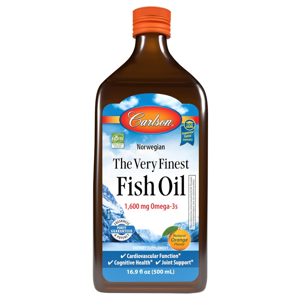 Carlson - The Very Finest Fish Oil, 1600 mg Omega-3s, Liquid Fish Oil Supplement, Norwegian Fish Oil, Wild-Caught, Sustainably Sourced Fish Oil Liquid, Orange, 16.9 Fl Oz