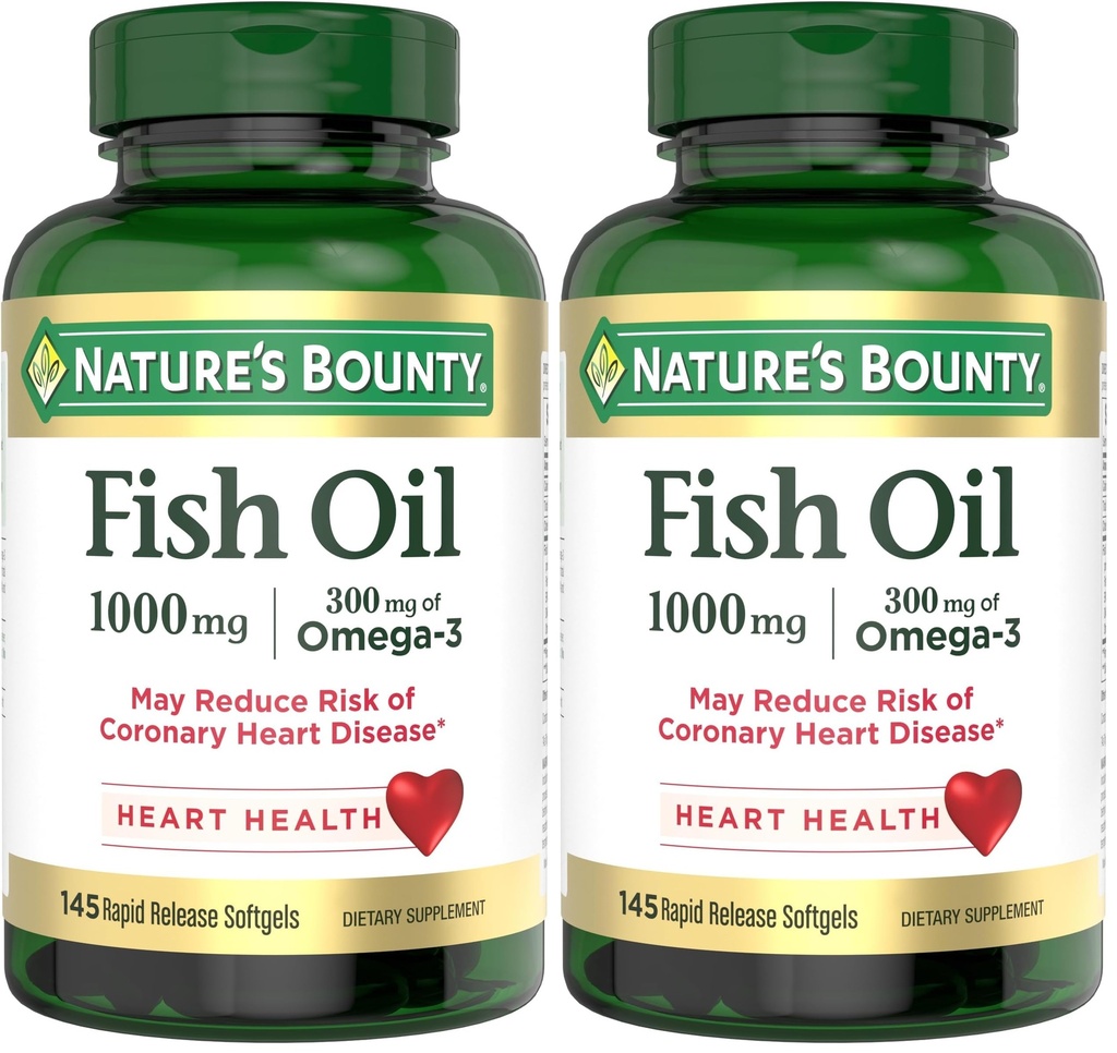 Nature's Bounty Fish Oil,Supports Heart Health,1000mg,Rapid Release Softgels,145 Ct,(Pack of 2)