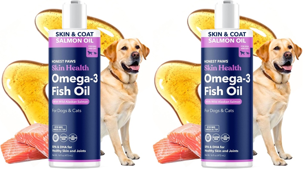 Honest Paws Salmon Oil for Dogs & Cats – Omega 3 Fish Oil Supplement for Skin, Coat, Joint & Heart Health – Natural, Sustainably Sourced Wild Alaskan Salmon, 16 oz (Pack of 2)