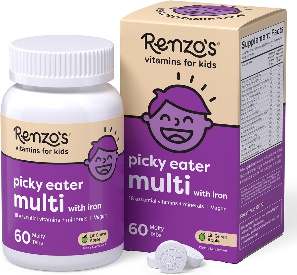 Renzo's Picky Eater Kids Multivitamin med jern, Dissolving Kids Vitaminer med vitamin D3 og K2 og mer, 60 Sugar-free Melty Tabs, Lil' Green Apple Flavored