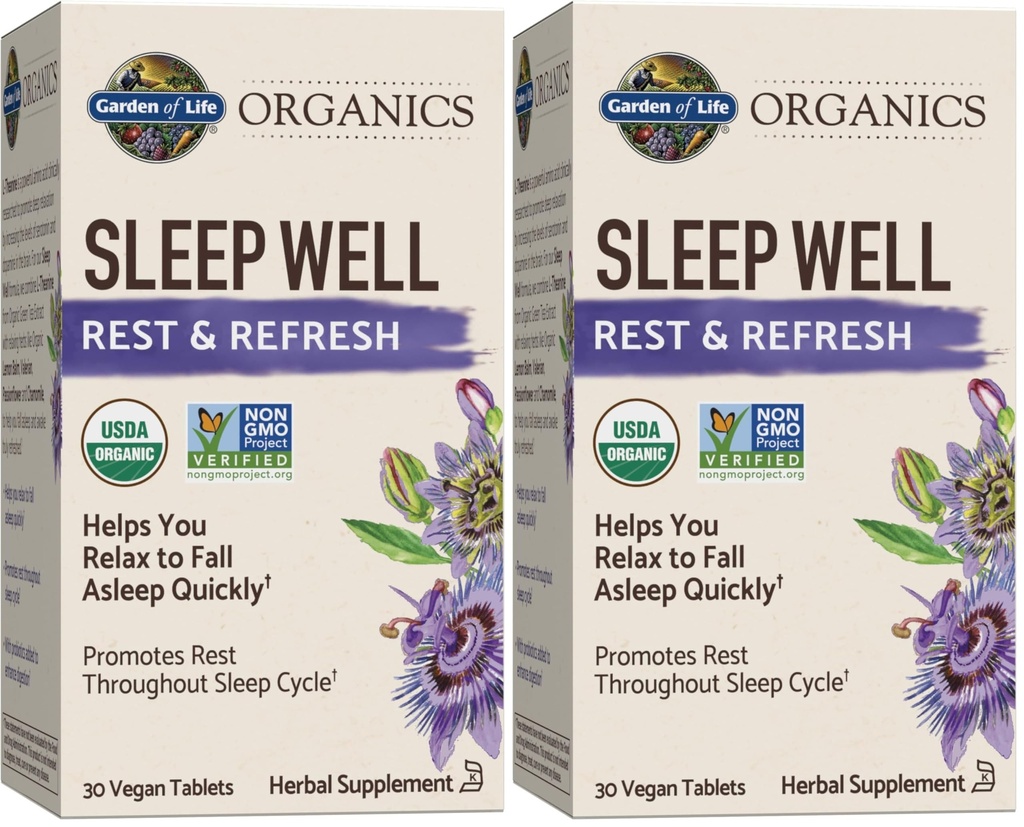 Garden of Life Organics Sleep Well Rest & Refresh 30 Tablets, Green Tea Extract L-Theanine, Valerian Root, Chamomile, Probiotics-Organic Non-GMO Vegan Gluten Free Herbal Supplement(Pack of 2)
