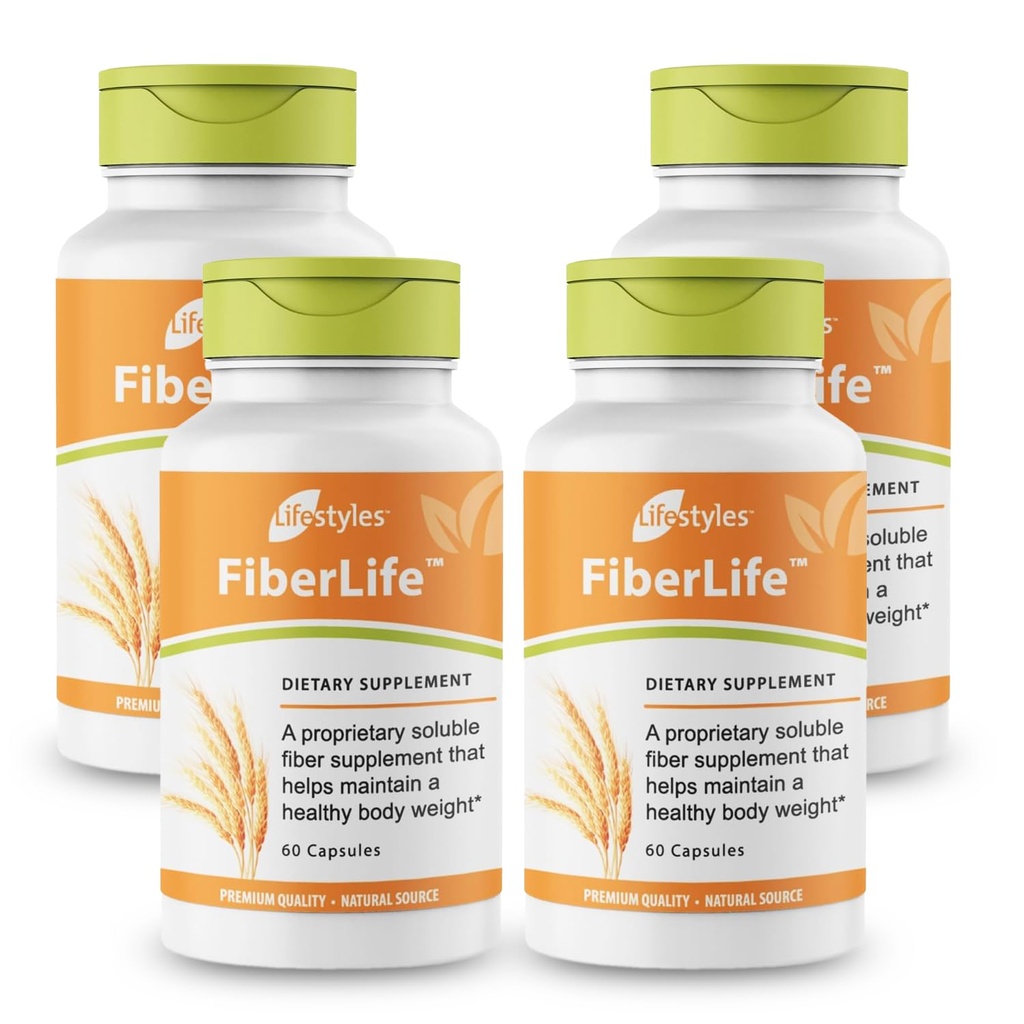 Lifestyles FiberLife Supplement – Soluble Fiber for Digestive Health & Appetite Control with Konjac, Guar Gum, Xanthan Gum, and Cinnamon – Made in Canada – 4 bottles x 60 Capsules (240 capsules)