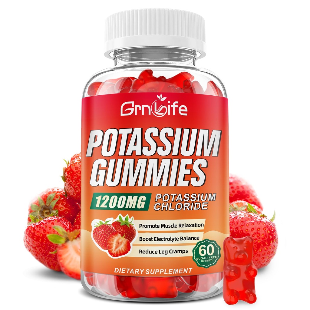 Potassium Gummies for Adults, Potassium Chloride Gummies 1200mg Support Leg Cramps & Electrolyte Balance, Strawberry Flavor 60 Count