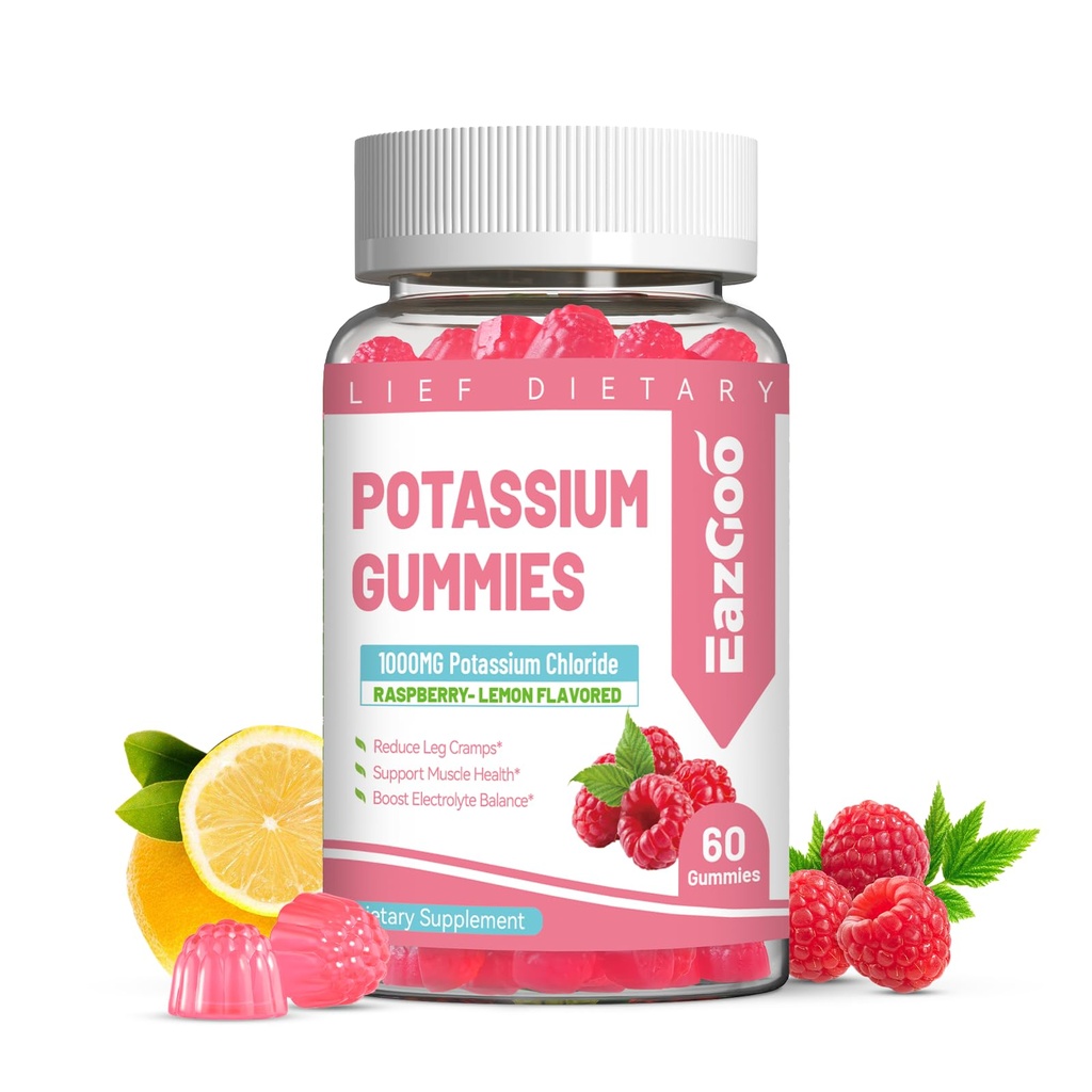 Potassium Gummies, Potassium Chloride 1000mg for Adults, Chewable Potassium Supplement for Women & Men, Support Leg Cramps & Muscle Health - Sugar Free, Vegan,60 Count