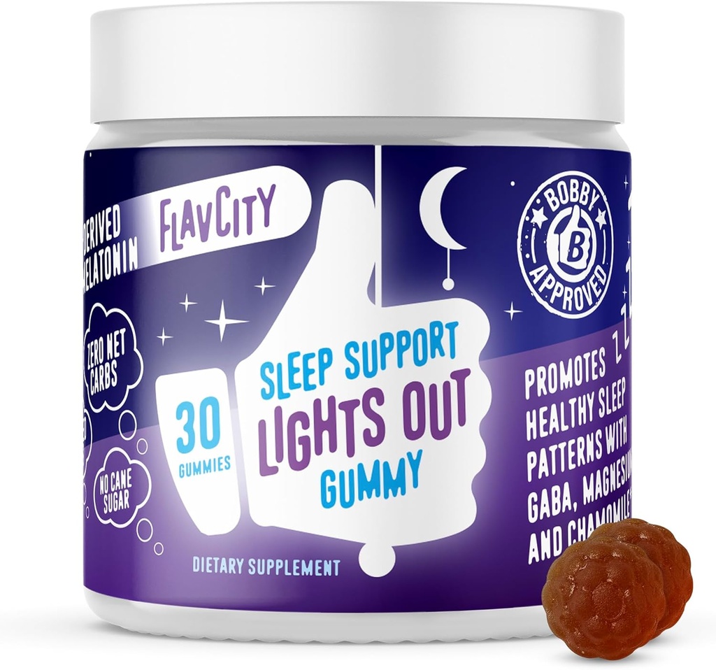 FlavCity Melatonin Sleep Gummies for Adults, Lights Out Gummy - Chewable Sleep Supplement with Plant - Based GABA, Magnesium & Chamomile for Deep & Restful Bedtime, 30- Day Suppply