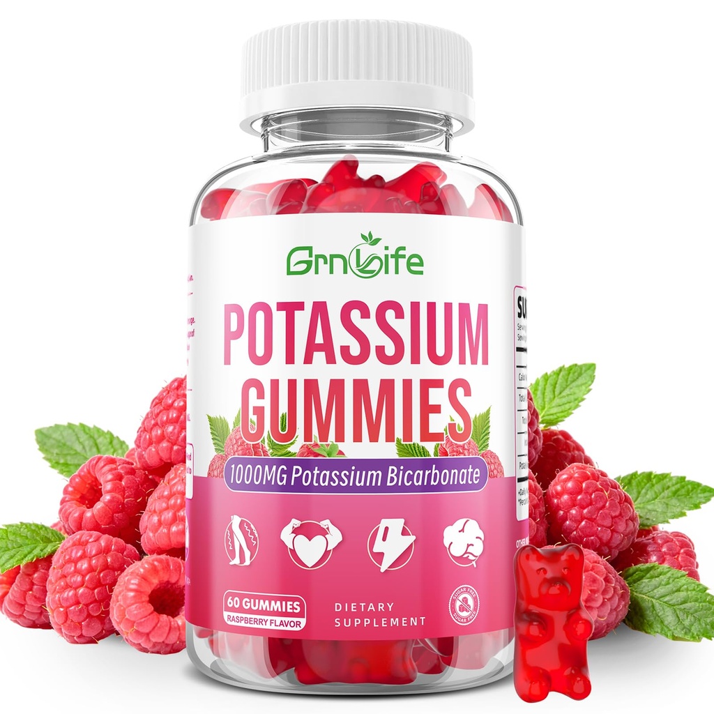Potassium Gummies 1000mg, Potassium Bicarbonate Supplement for Adults & Kids, Support Electrolyte Balance & Muscle Heath, Sugar-Free, Raspberry Flavor, 60 Count