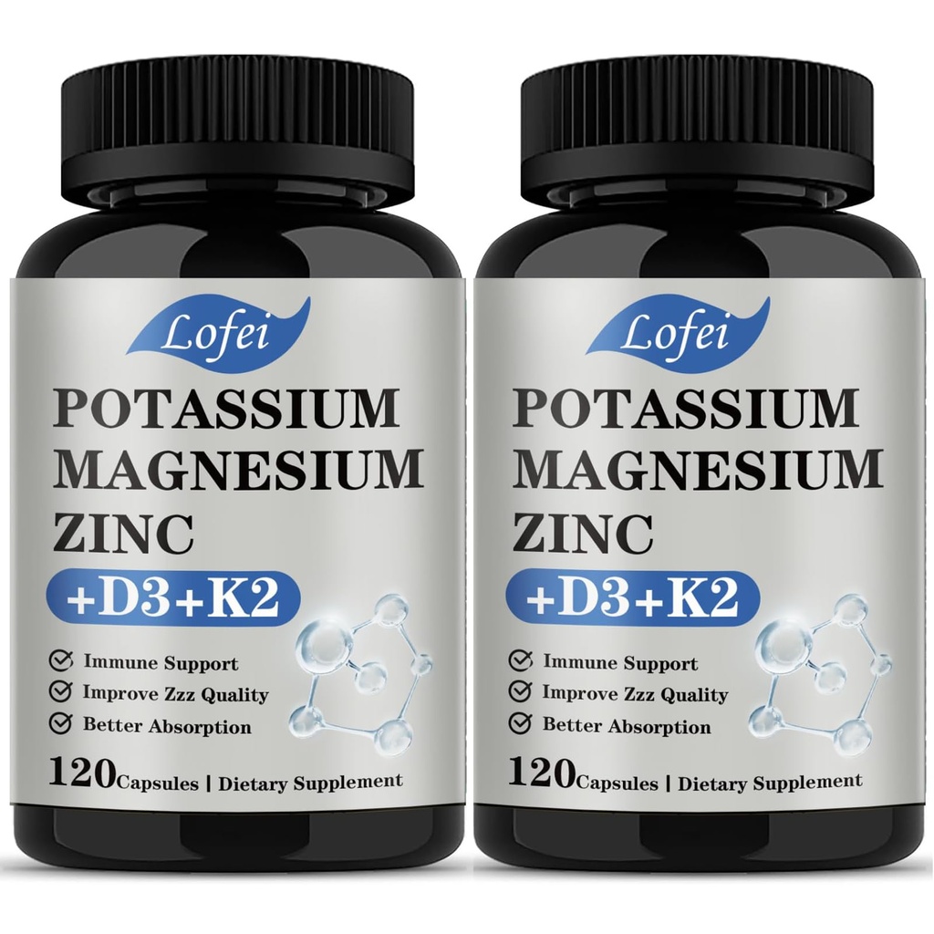Potassium Magnesium Supplement,Magnesium Potassium Zinc Supplement with Vitamin D3& K2,Support Immune for Women & Men,Enhanced Absorption,Non-GMO,120 Veg Capsules(Pack of 2)