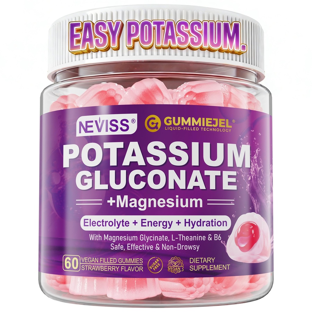 Potassium Gluconate 1300mg Gummies for Adults Women & Men, Potassium Supplements w/Magnesium Glycinate, B6 & L-Theanine, Electrolyte Gummies for Hydration, Energy, Muscle&Night Leg Cramp Relief, 60Ct