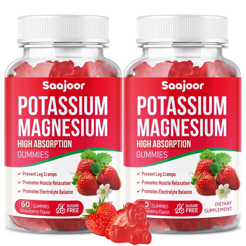 Potassium Magnesium Gummies,High Absorption Magnesium Glycinate,D3 & B6,Potassium Citrate - for Muscle Support, Leg Cramps & Electrolyte Balance - Vegan, Non-GMO, Strawberry Flavor, 120 Count