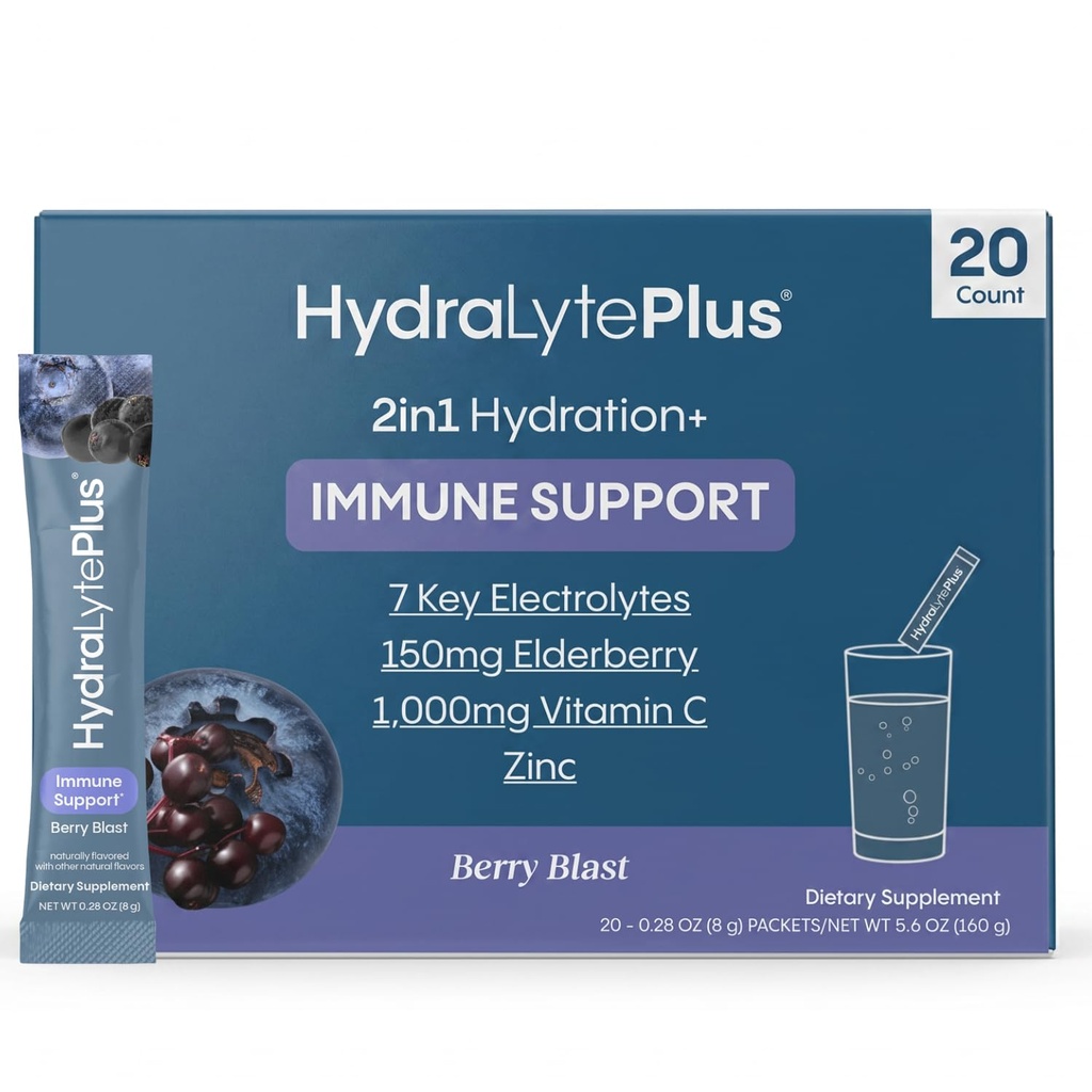 Hydralyte Electrolytes Plus Immunity, Elderberry - Low Sugar Rapid Rehydration Powder - Lightly Sparkling Electrolyte Powder Packets with 1,000mg Vitamin C and 300 mg Elderberry (8oz Serve, 20 Count)