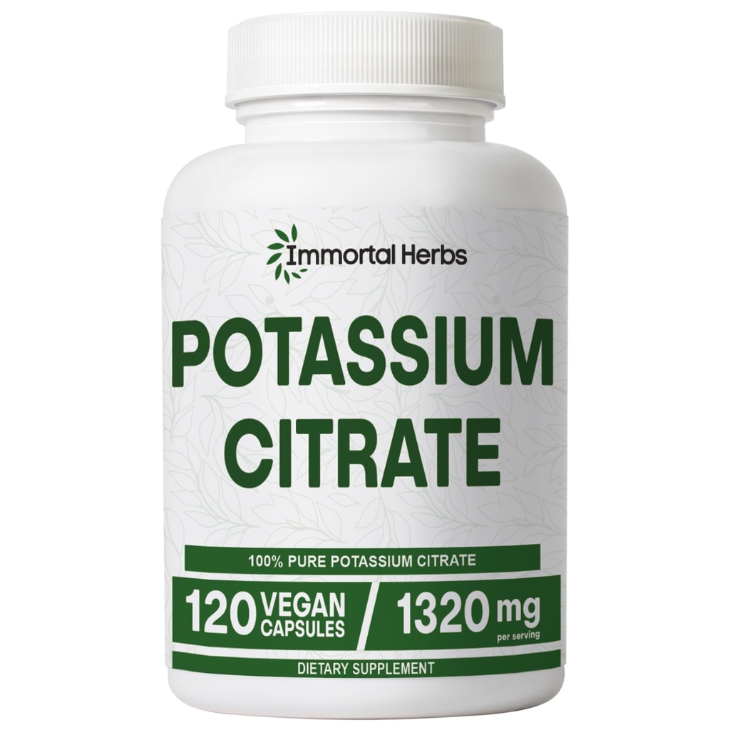 Potassium Citrate Supplement 1320mg, High Absorption Powder, 120 Vegan Capsules, Non-GMO & Gluten-Free Potassium Supplements for Women and Men