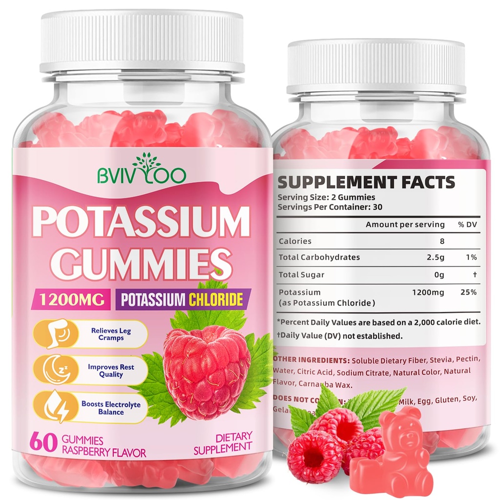 Potassium Gummies for Adults with 1200mg Potassium Chloride - Supports Muscle Health & Leg Cramps, Raspberry Flavor, 60 Count