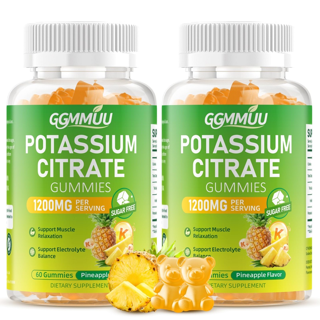 2 Pack Potassium Citrate Gummies 1200mg, Sugar-Free Potassium Supplement for Adults & Kids - Supports Muscle Health, Leg Cramps & Electrolyte Balance, Vegan, Pineapple Flavor, 120 Count