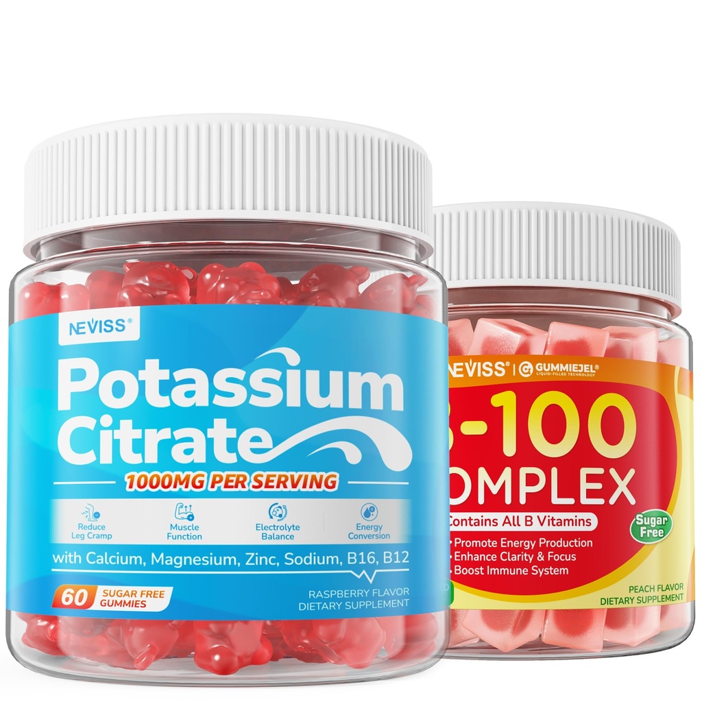 NEVISS 1 Pack Super Vitamin B Complex Gummies + 1 Pack Potassium Citrate 1000mg Gummies