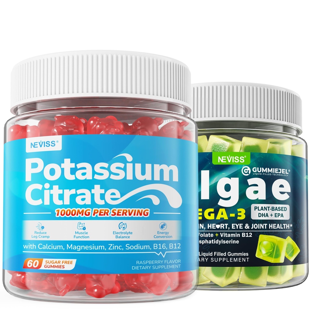 2 Pack Vegan Omega-3 Gummies + 2 Pack Potassium Citrate 1000mg Gummies