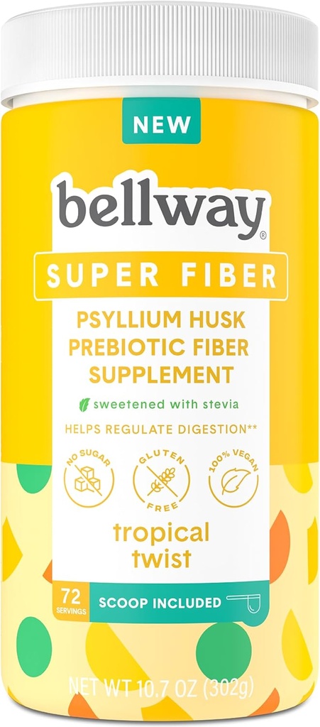 Bellway Super Fiber Suplemento Polvo - Psyllium Husk Powder, Sugar Free, Vegan, Gluten Free, Tropical Twist, 72 Servimientos