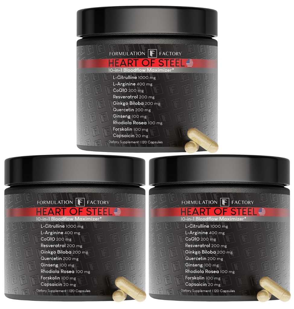 Formulation Factory Heart of Steel Nitric Oxide Supplement - L Citrulline & L Arginine Blood Pressure Supplements - Natural Pre-Workout: Energy Management - 360 Capsules, 3 Month Supply
