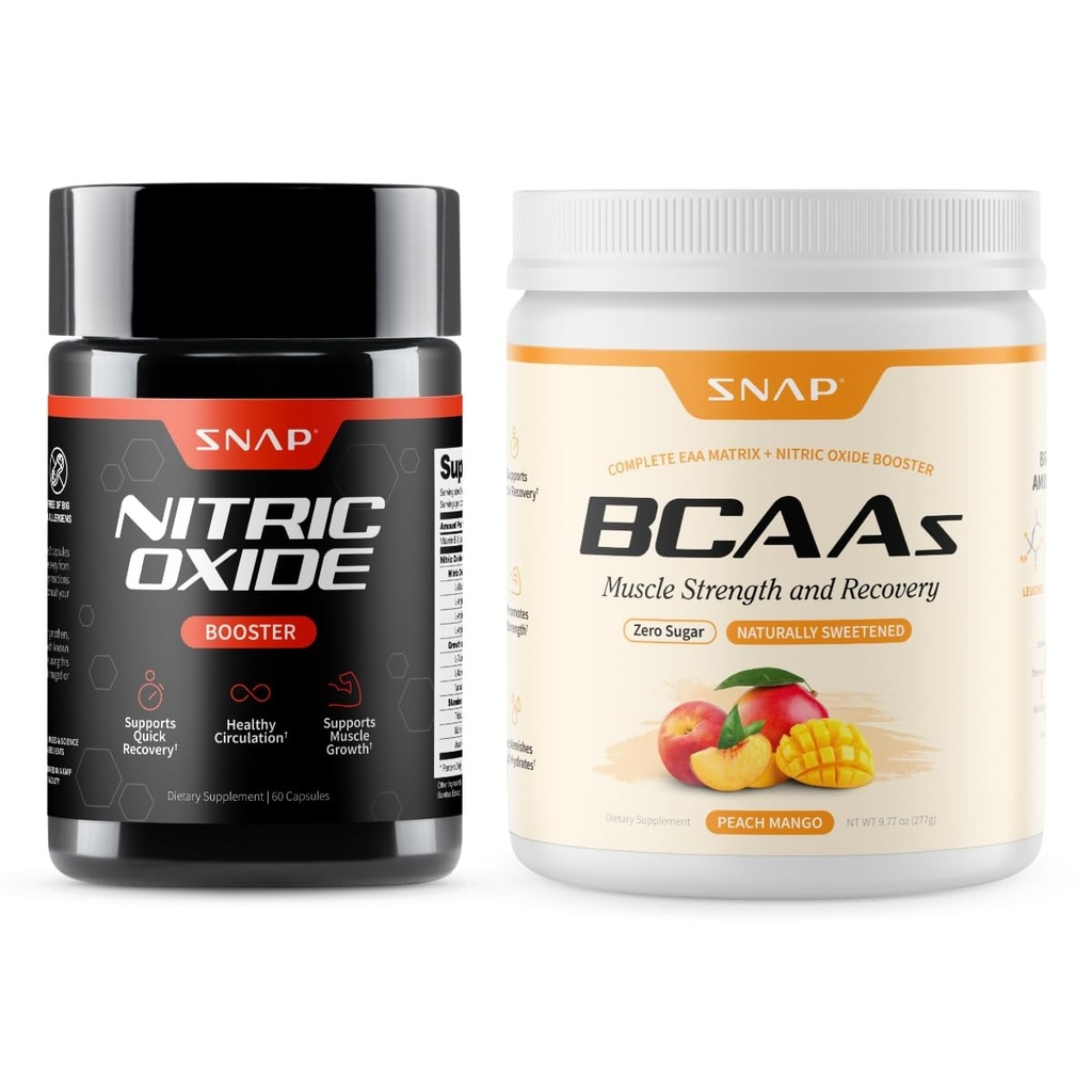 Snap Supplements Nitric Oxide Booster + BCAA Complete EAA Matrix Powder Bundle, 60 Vegetarian Capsules + 30 Servings Peach Mango