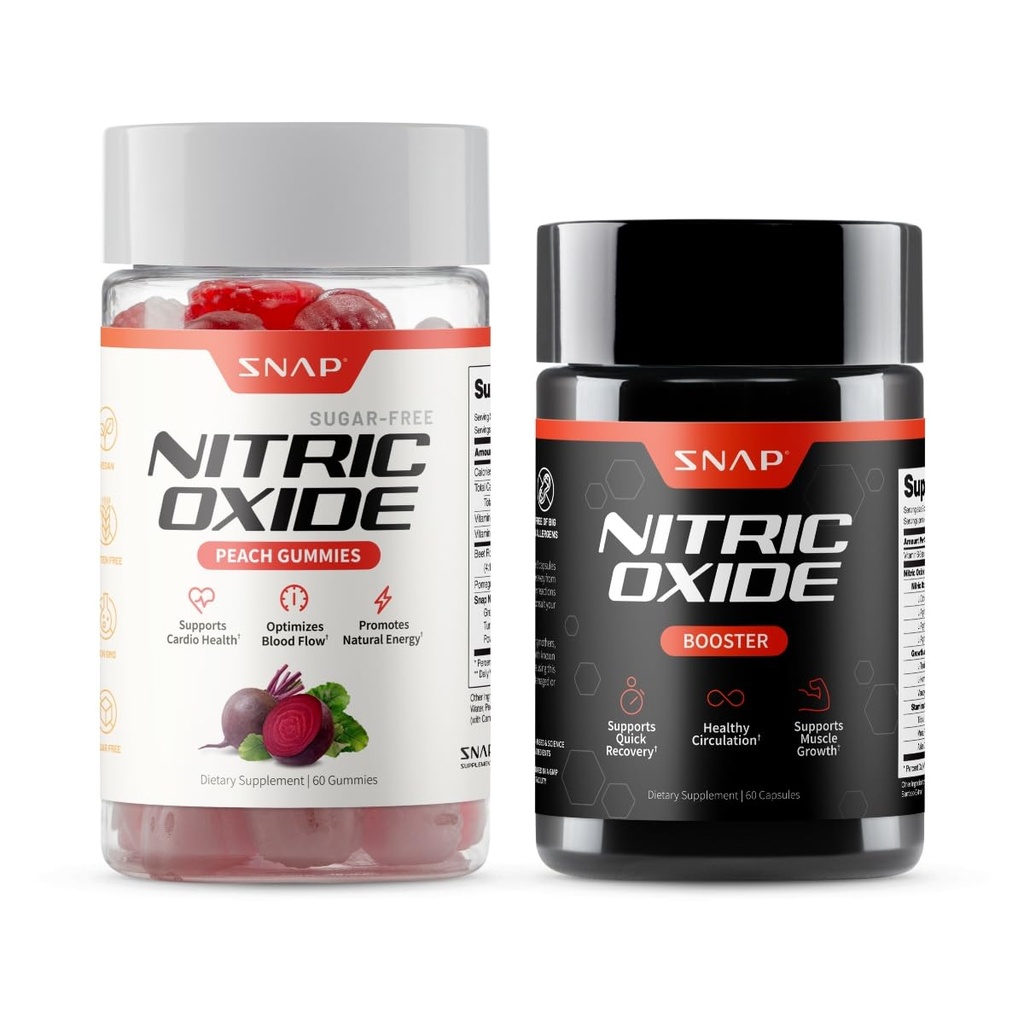 Snap Supplements Nitric Oxide Beet Root Gummies + Nitric Oxide Booster Bundle, 60 Sugar-Free Peach Gummies + 60 Vegetarian Capsules