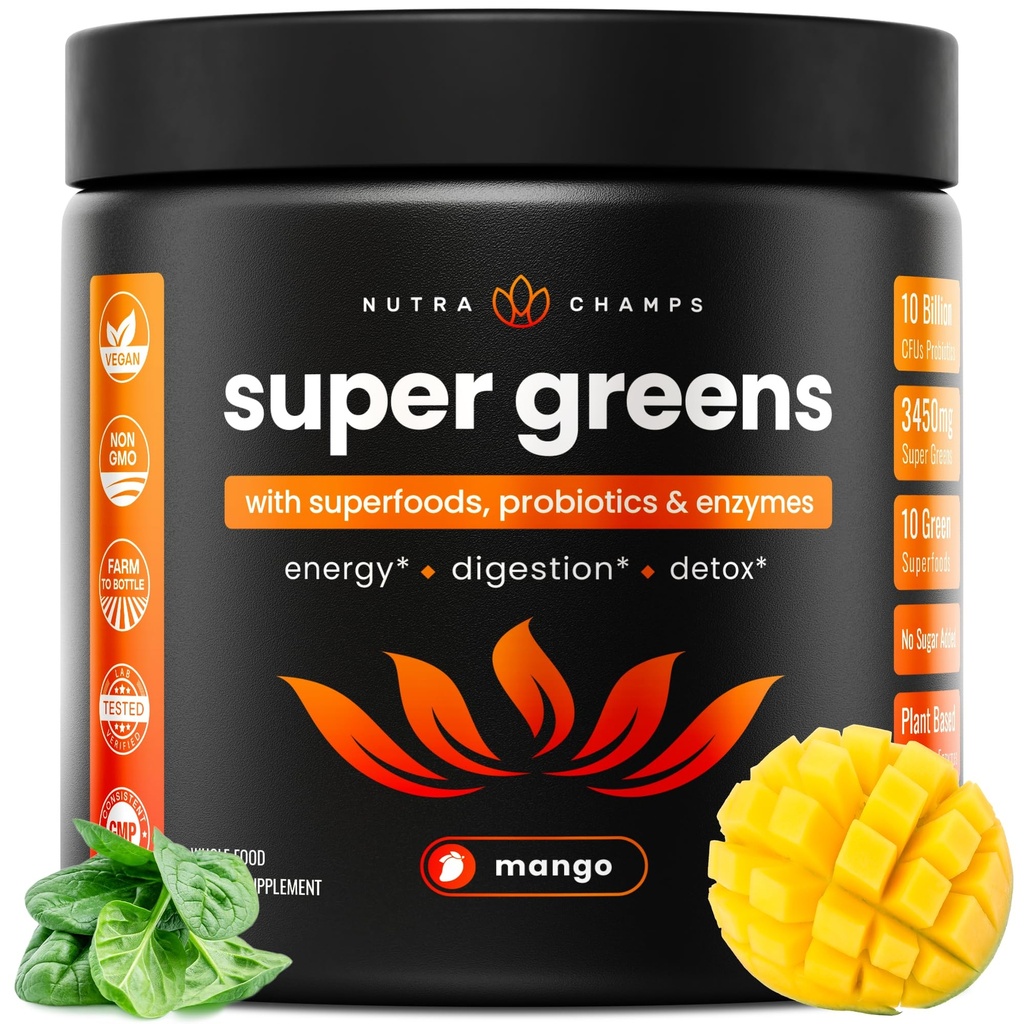 NutraChamps Super Greens Powder Premium Superfood | 20+ Organic Green Veggie Whole Foods | Wheat Grass, Spirulina, Chlorella | Antioxidant, Digestive Enzyme & Probiotic Blends (9.0 OZ, Mango)