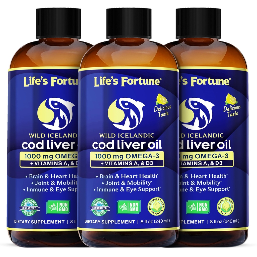 Life's Fortune Cod Liver Oil Liquid Lemon Flavor Organic Supplement with DHA, EPA 1000 mg High Potency Omega-3s + Vitamin A, E & D3 - Supports Immune, Joints, Eyes, 8 Fl Oz (Pack of 3)
