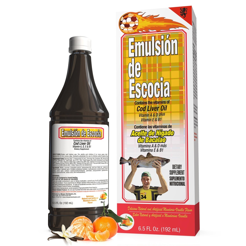 Emulsión de Escocia Cod Liver Oil Liquid Supplement with Vitamins A, D, E & B1 | Natural Fish Oil for Kids & Women | Mandarin-Vanilla Flavor | Omega 3 Dietary Support | 6.5 oz 1-Pack