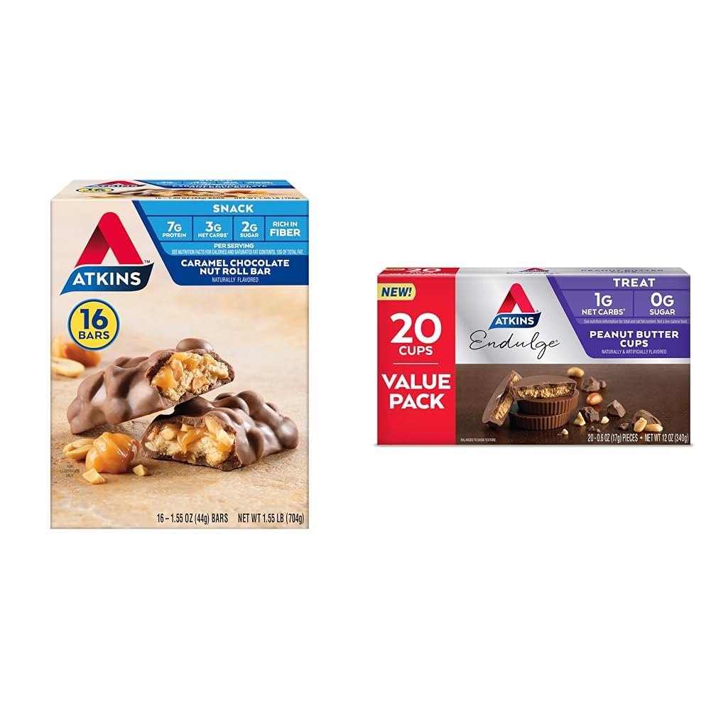 Atkins Caramel Chocolate Nut Roll Snack Bar, Protein Snack, High in Fiber, 2g Sugar, 16 Count & Endulge Peanut Butter Cups, Dessert Favorite, Low Carb, 0g Sugar, 20 Count