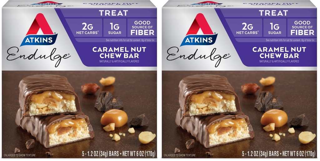 Atkins Endulge Caramel Nut Chew Bar, Dessert Favorite, 1g Sugar, Good Source of Fiber, 5 Count (Pack of 2)