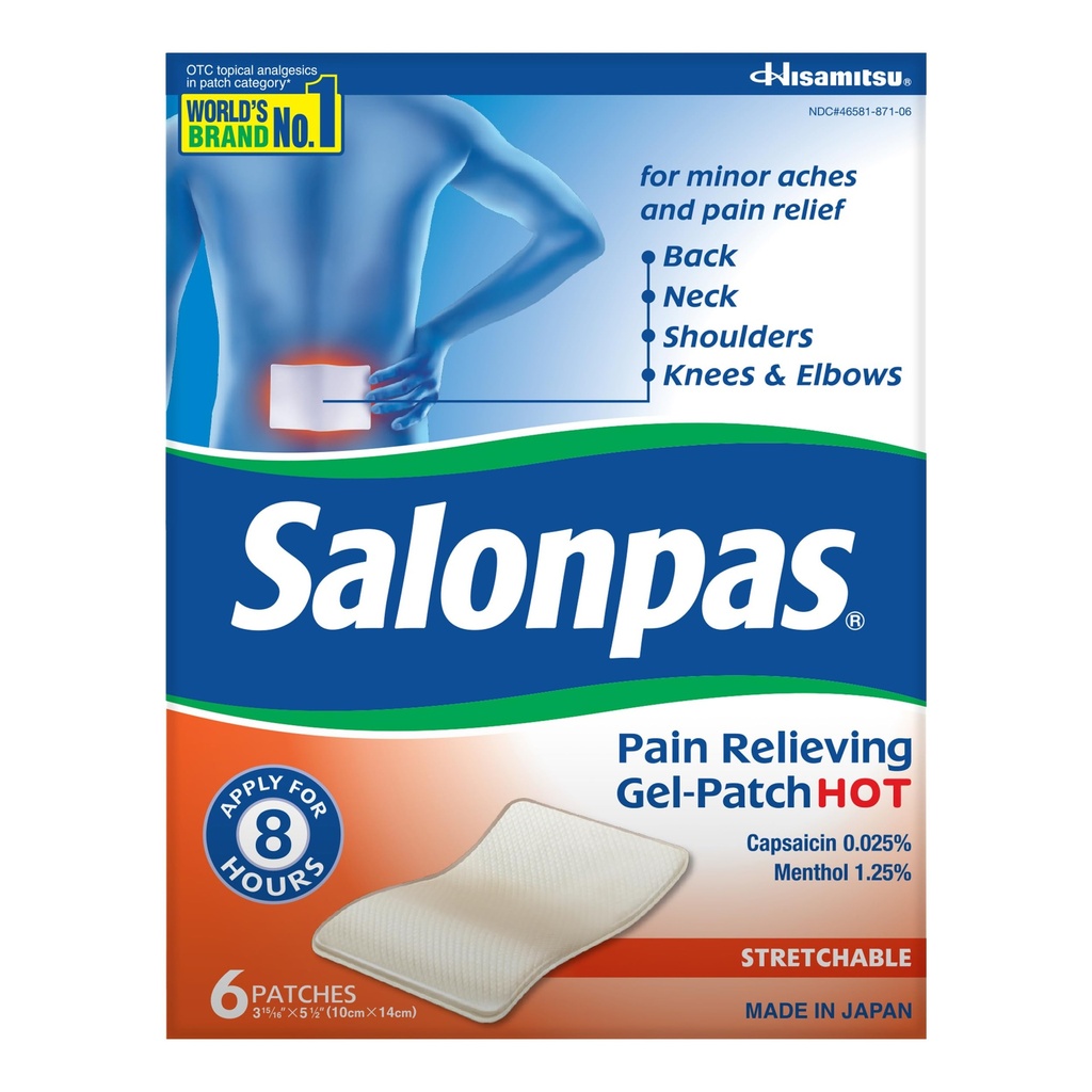 Salonpas Pain Relieving Gel Patch HOT, 6 Count (Pack of 1), Menthol and Capsaicin, Up to 8 Hours Temporary Relief of Backache, Sore Muscle, Sprains, Bruises