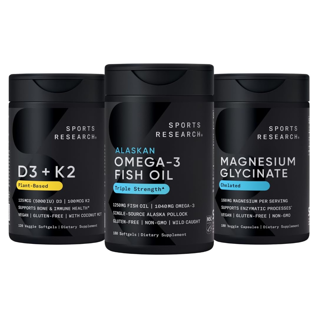 Sports Research® Multivitamin Pack - Alaskan Omega-3 Fish Oil 1250mg, Vitamin D3 5000iu + K2 100mcg, and Chelated Magnesium Glycinate 160mg - Vegan Certified · Non-GMO · Gluten & Soy Free
