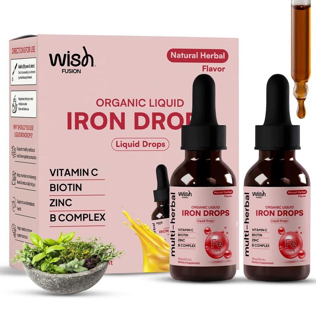 Liquid Iron Supplement for Women & Men Iron Drops 2 Pack with Vitamin C, Biotin, Zinc, Vitamin B12 High Potency Vegan Iron Drops for Red Blood Cells & Immune Support