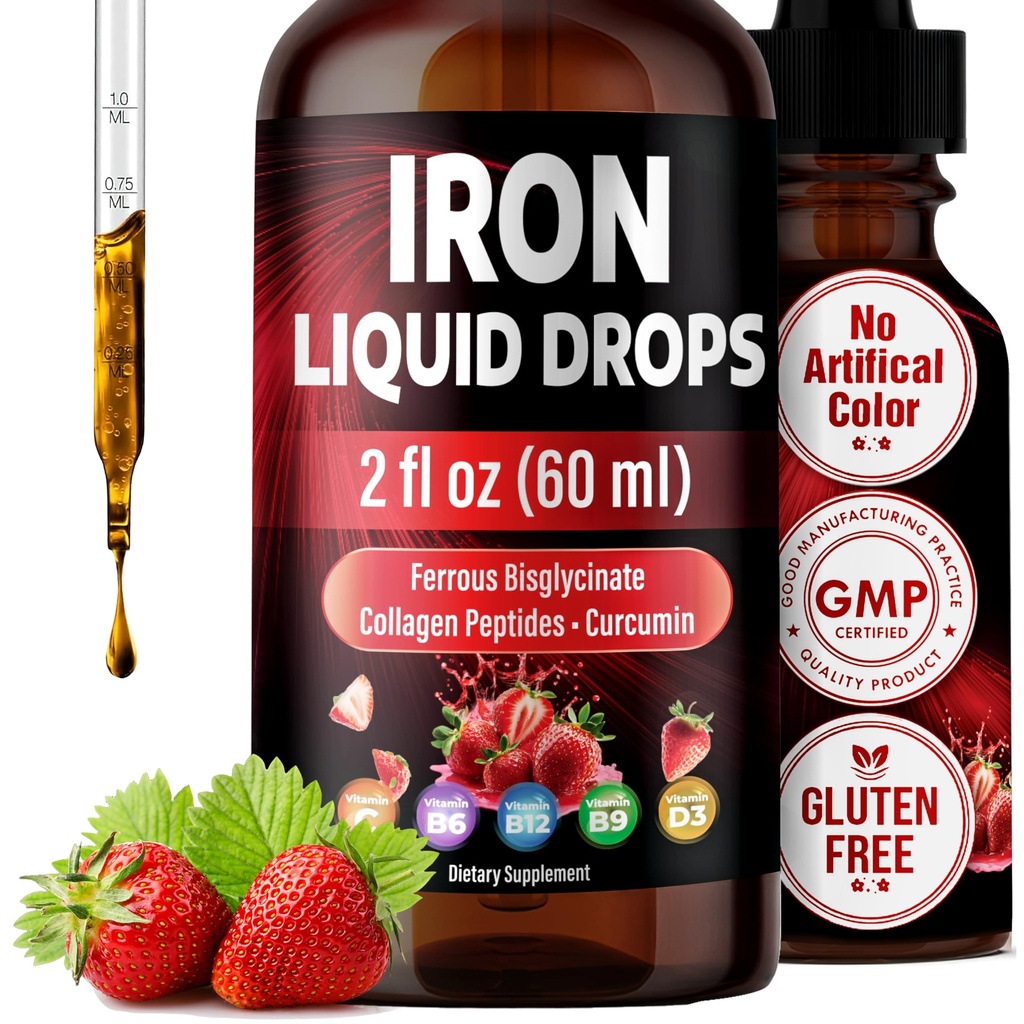 Liquid Iron Drops – Liquid Iron Supplement with Vitamin C, B6, B12, Folic Acid, & Collagen – Natural Strawberry Flavor – 2 fl oz