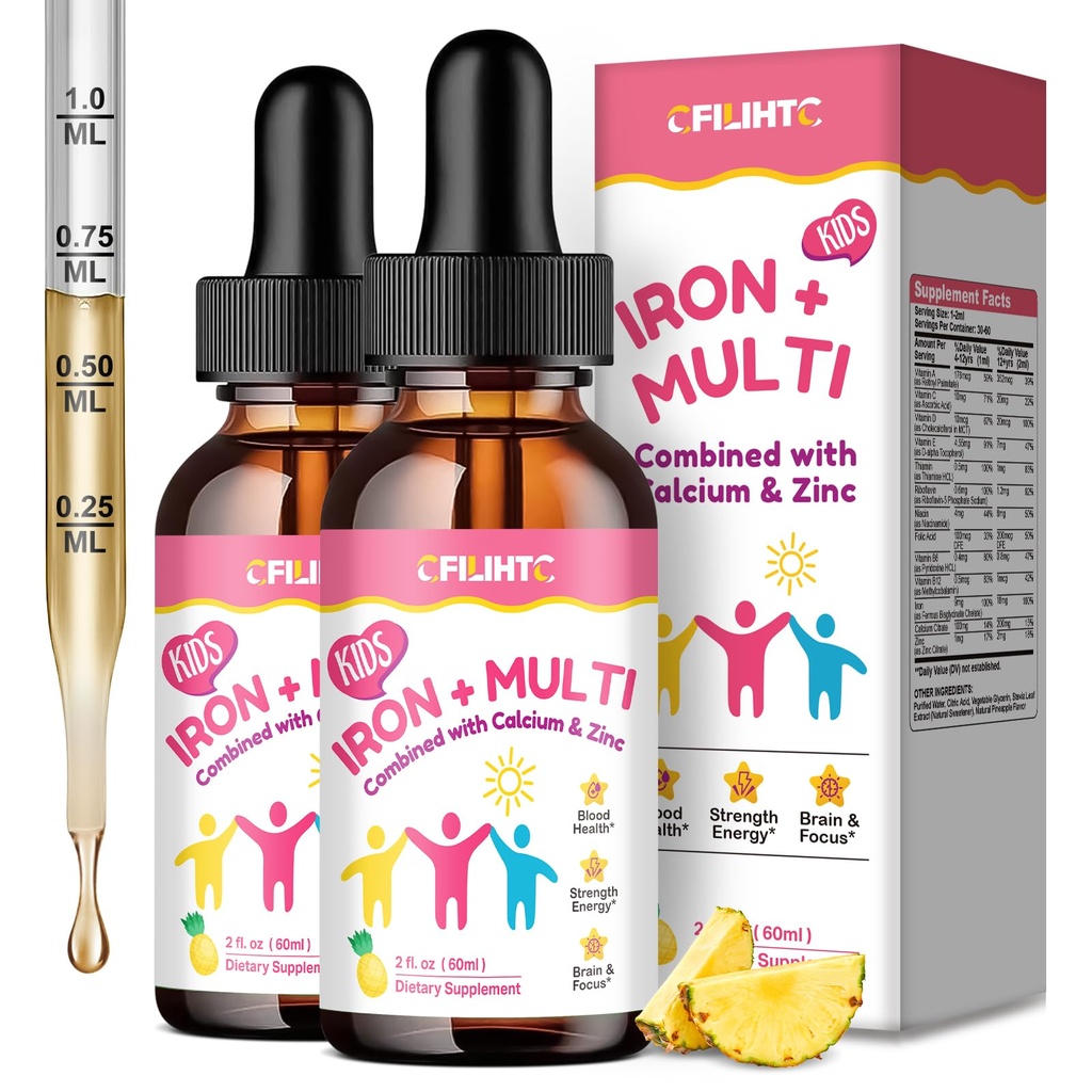 Liquid Iron Supplement for Kids, Women & Men - with Calcium, Zinc, Kids Multivitamin with Iron Drops - Blood Builder & Energy Support for Iron Deficiency, Anemia, Pineapple Flavor 4 Fl Oz