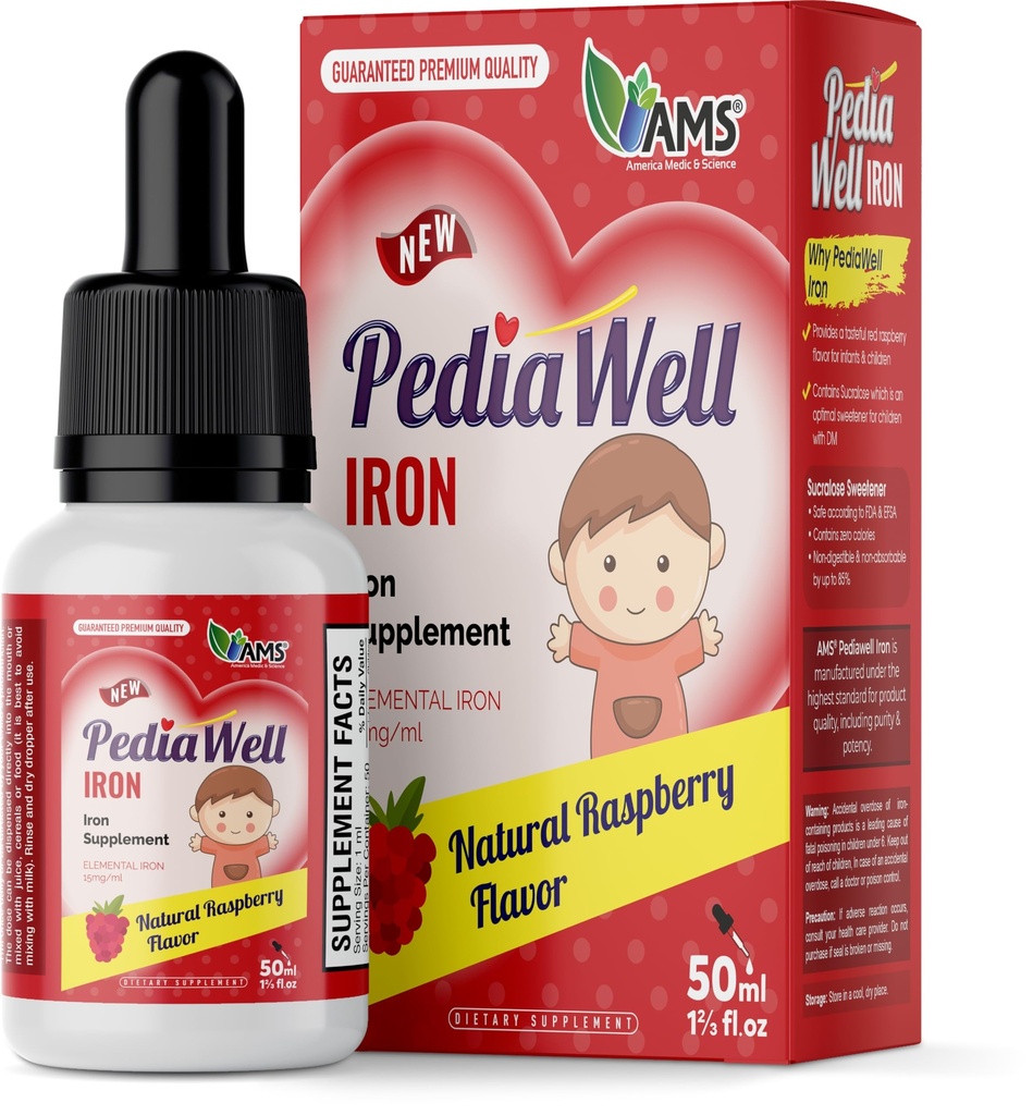 America Medic & Science PediaWell Iron (50 mL) | Ferrous Sulfate Dietary Supplement | Liquid Iron Drops for Infants, Toddlers, and Tweens | Enhanced Immune Support and Brain Development